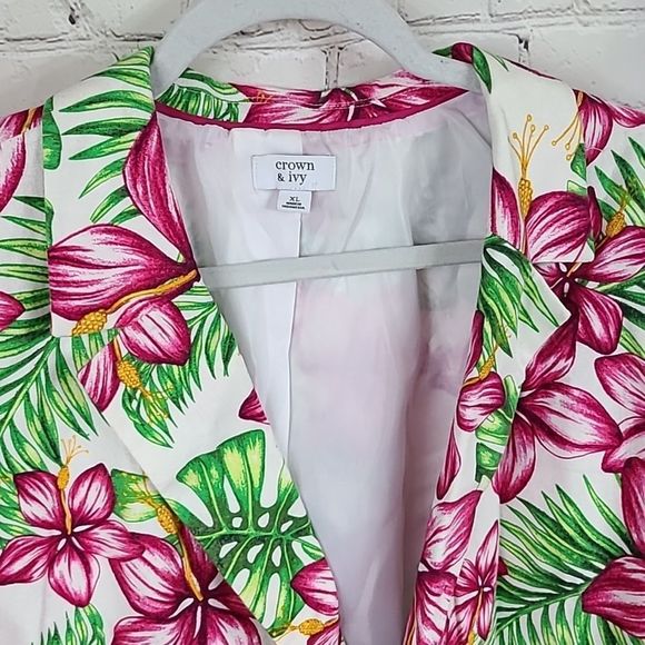 Crown & Ivy Women’s Blazer XL Hawaiian Pink Hibiscus Linen Suit Jacket Floral - Picture 3 of 9